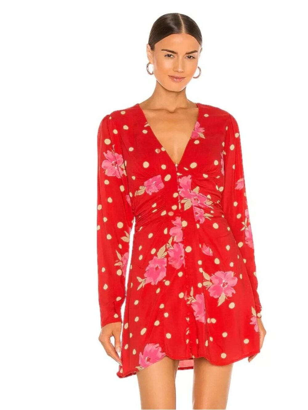 Free People Dress Womens Medium Date Night Strawberry Red Floral Polka Dot Mini*